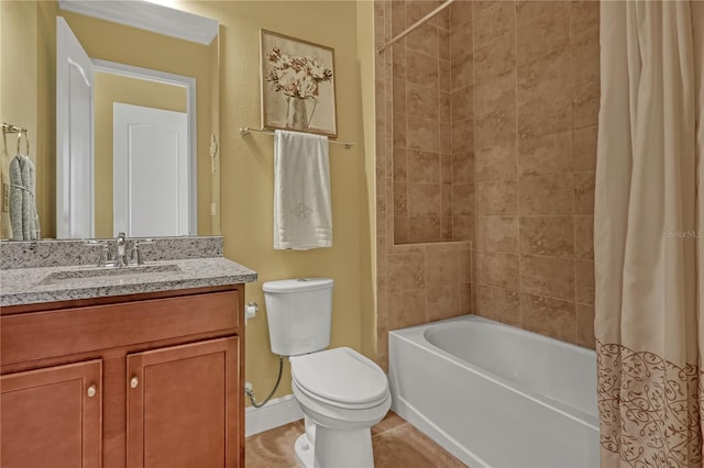 full bathroom with tile patterned floors, vanity, toilet, and shower / bathtub combination with curtain