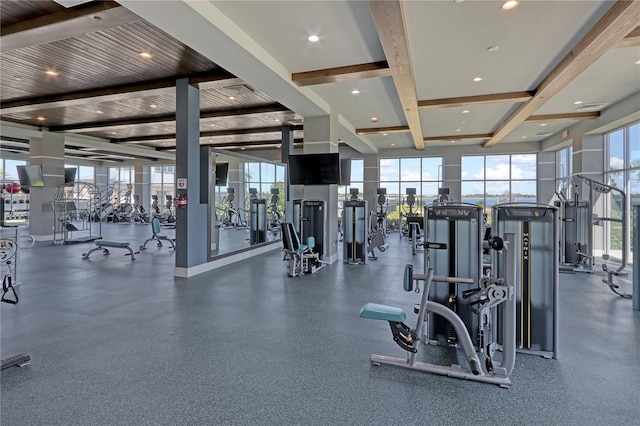 exercise room with a wealth of natural light and wooden ceiling