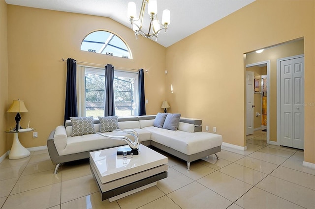 living room with light tile patterned floors, lofted ceiling, and a notable chandelier