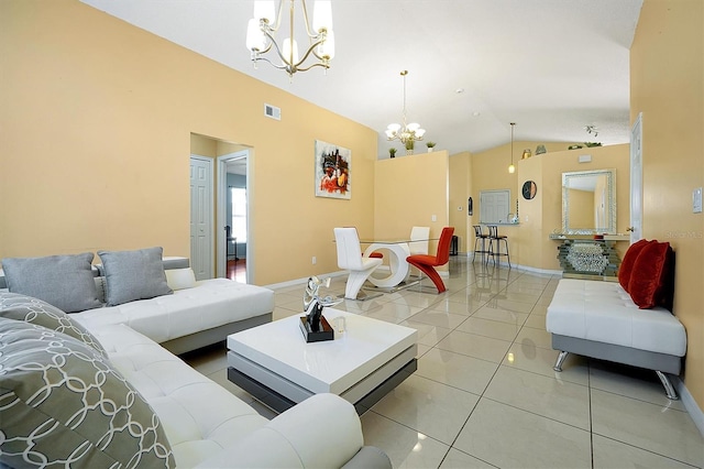 tiled living room with vaulted ceiling and a notable chandelier