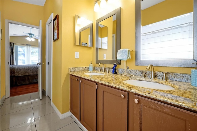 bathroom with vanity, tile patterned floors, and ceiling fan