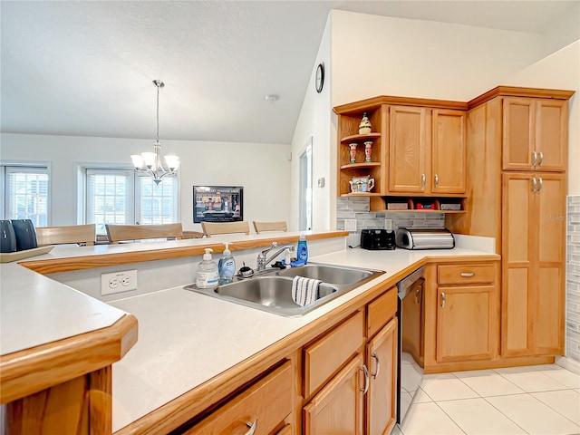 1281 N Timucuan Trl, Inverness, FL 34453 - kitchen featuring sink, pendant lighting, light tile patterned floors, dishwasher, and a chandelier