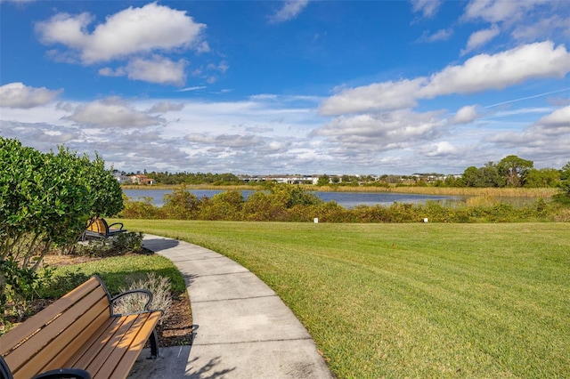 view of property's community with a water view and a yard