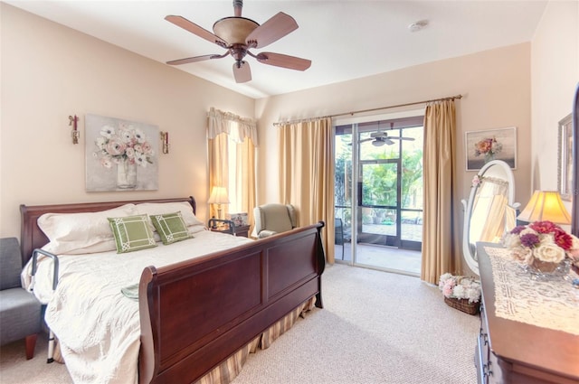 carpeted bedroom with access to exterior and ceiling fan