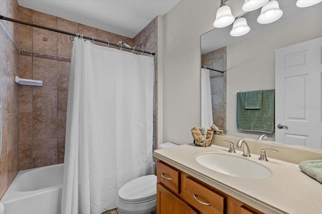 full bathroom featuring vanity, shower / bath combination with curtain, and toilet