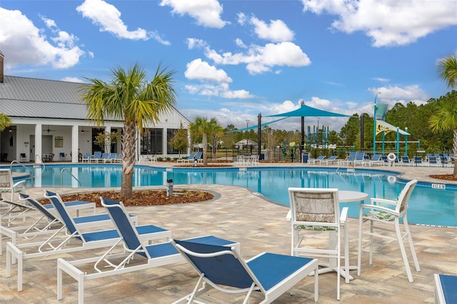 view of swimming pool with a patio