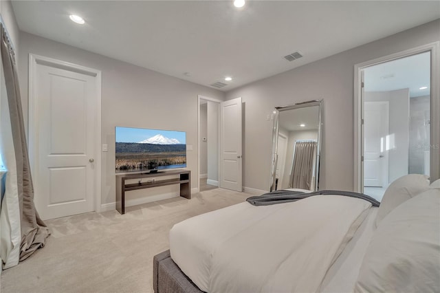 bedroom featuring recessed lighting, baseboards, visible vents, and light colored carpet