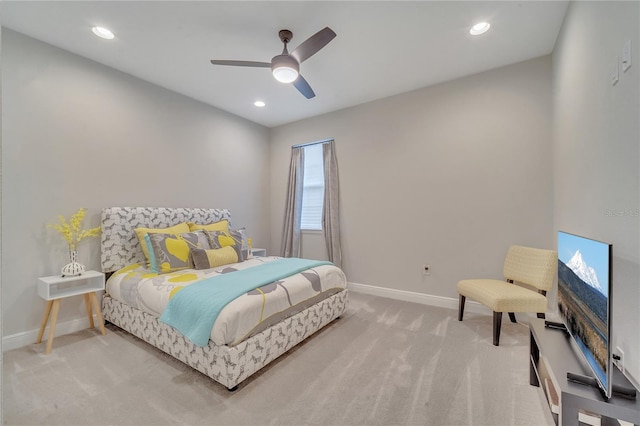 bedroom featuring recessed lighting, light carpet, ceiling fan, and baseboards