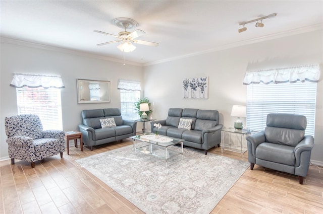 living room featuring ceiling fan, light hardwood / wood-style flooring, track lighting, and ornamental molding