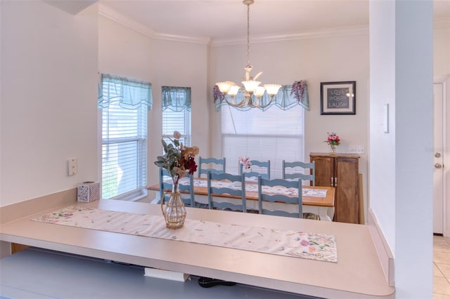 dining area with a notable chandelier, light tile patterned floors, and crown molding