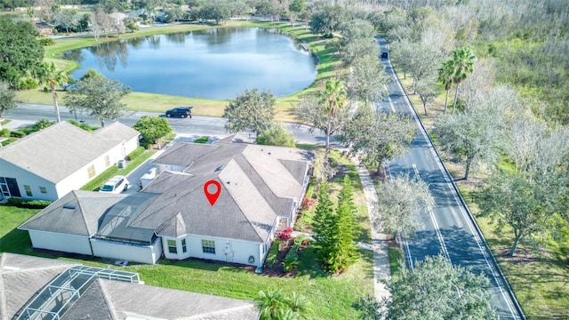 aerial view featuring a water view