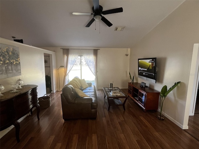 living room featuring ceiling fan, lofted ceiling, and dark hardwood / wood-style floors