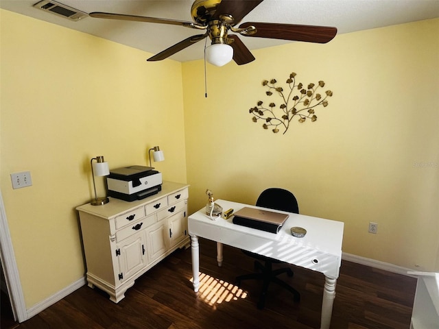 office space featuring ceiling fan and dark wood-type flooring