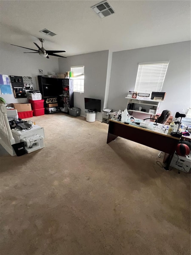 home office with ceiling fan and carpet floors