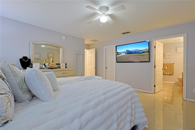 bedroom with ceiling fan and ensuite bathroom