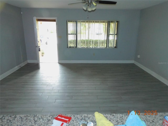 interior space with wood-type flooring and ceiling fan