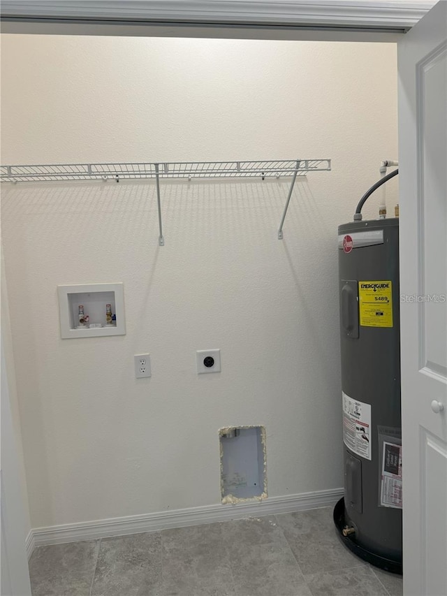 laundry room with hookup for an electric dryer, hookup for a washing machine, and electric water heater