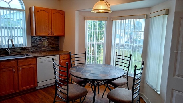 kitchen with dishwasher, dark hardwood / wood-style floors, pendant lighting, decorative backsplash, and sink