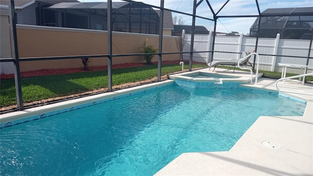 view of pool featuring glass enclosure and an in ground hot tub