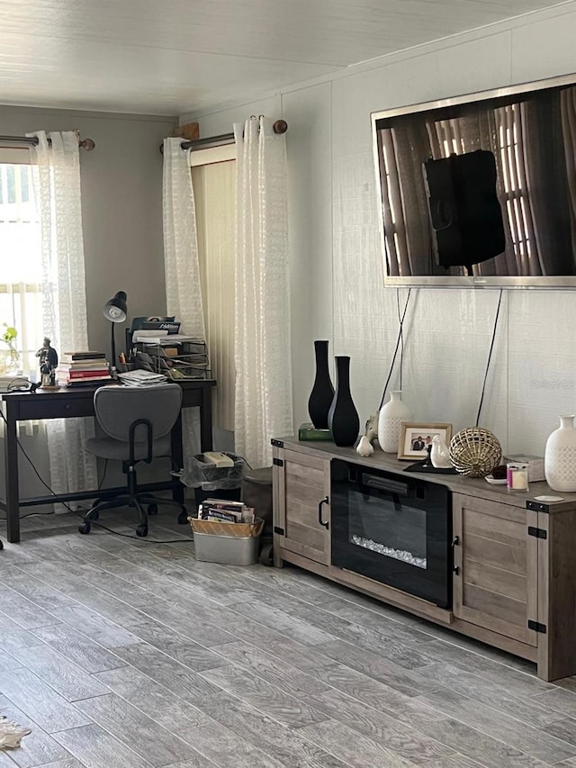 office with crown molding and hardwood / wood-style flooring