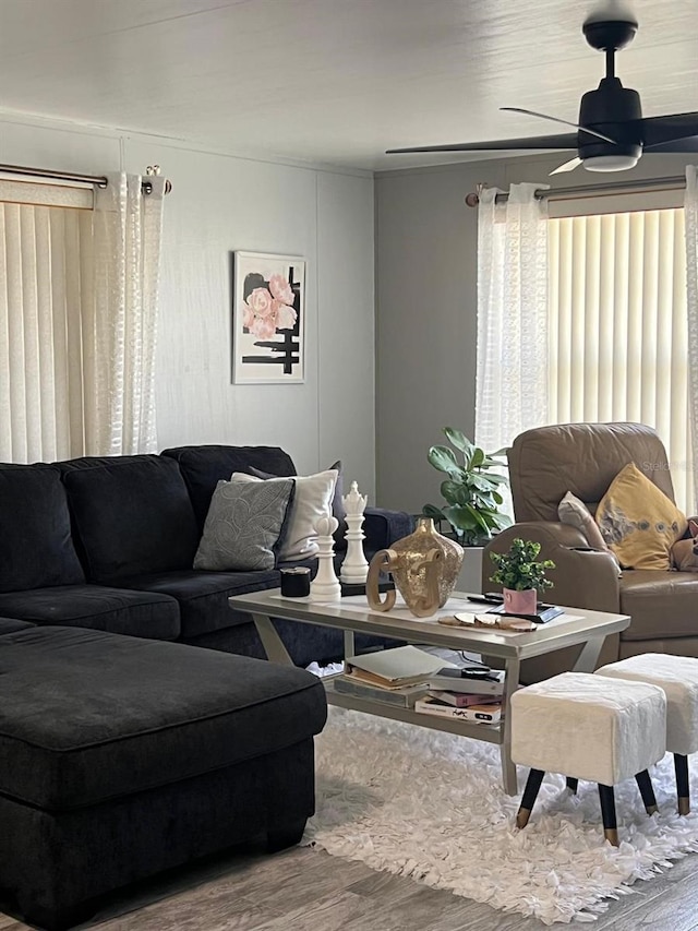 living room featuring hardwood / wood-style flooring and ceiling fan