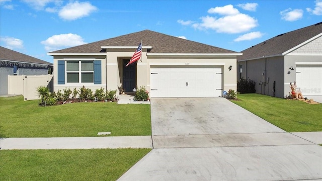 ranch-style house with a front yard and a garage