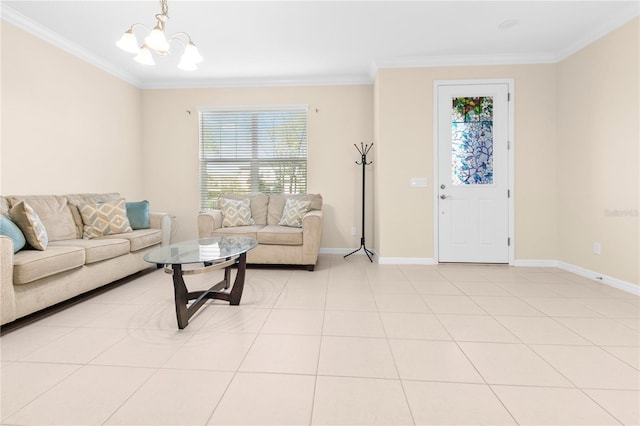 living room with a chandelier, light tile patterned floors, and ornamental molding