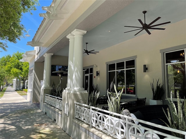 exterior space featuring a porch and ceiling fan