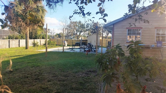 view of yard featuring a storage unit and a patio area