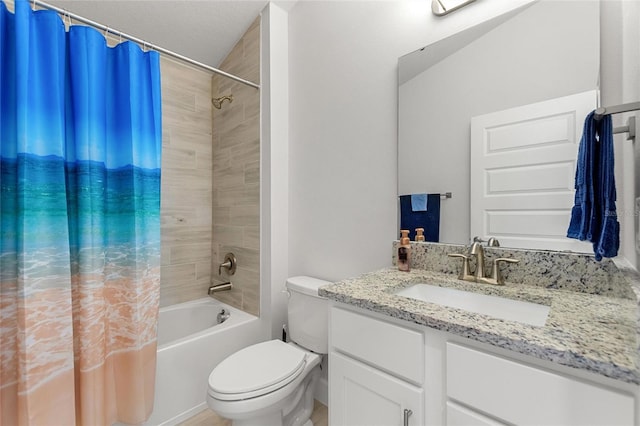 full bathroom with vanity, toilet, and shower / tub combo with curtain