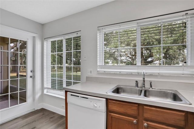 kitchen with white dishwasher, plenty of natural light, and sink