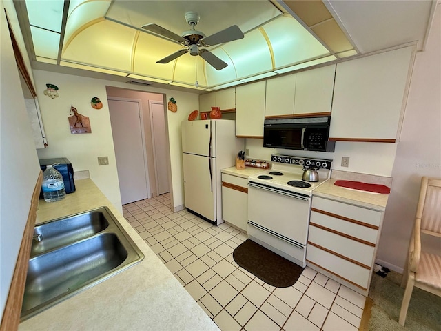 kitchen with ceiling fan, white cabinetry, white appliances, and sink