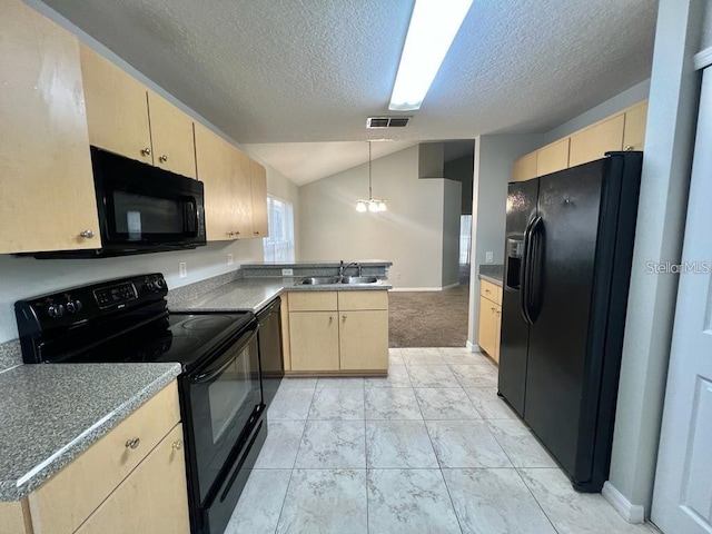 kitchen featuring sink, hanging light fixtures, black appliances, kitchen peninsula, and light brown cabinets