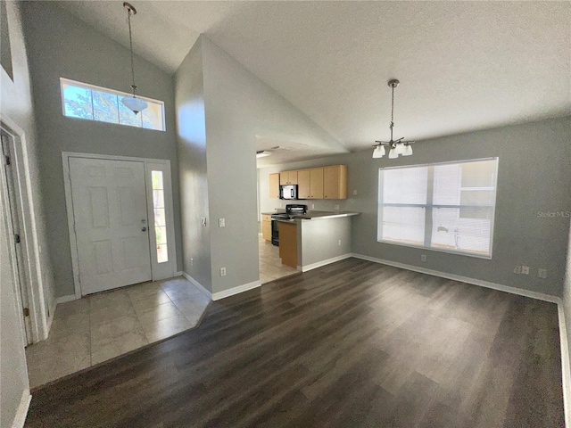 foyer entrance featuring dark hardwood / wood-style flooring, a notable chandelier, a wealth of natural light, and vaulted ceiling