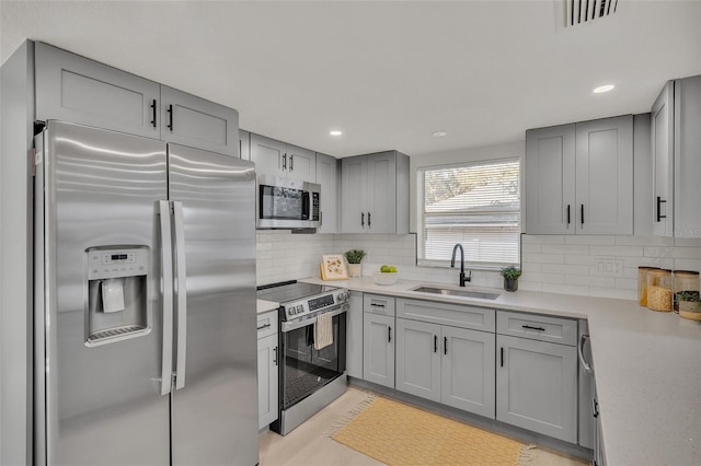 kitchen featuring tasteful backsplash, gray cabinetry, sink, and appliances with stainless steel finishes