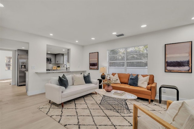 living room with light hardwood / wood-style floors and sink