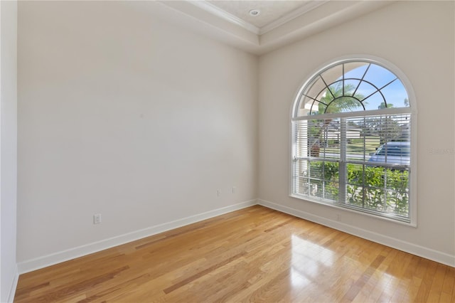 unfurnished room with a raised ceiling, light wood-type flooring, and ornamental molding