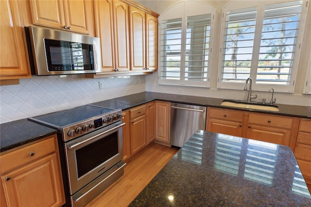 kitchen with tasteful backsplash, sink, dark stone counters, and appliances with stainless steel finishes