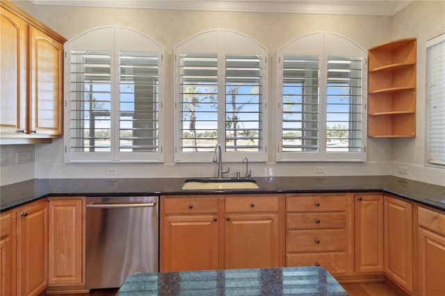 kitchen with dishwasher, plenty of natural light, dark stone countertops, and sink