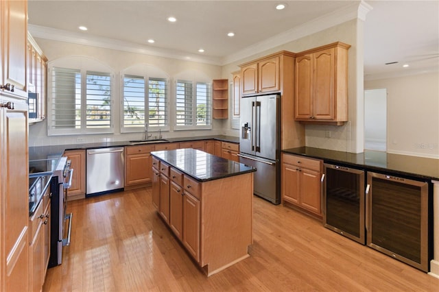 kitchen with backsplash, a center island, stainless steel appliances, and wine cooler