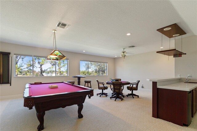 rec room featuring light carpet, sink, ceiling fan, and billiards