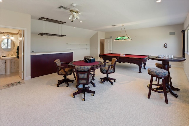 recreation room featuring sink, light colored carpet, ceiling fan, and pool table