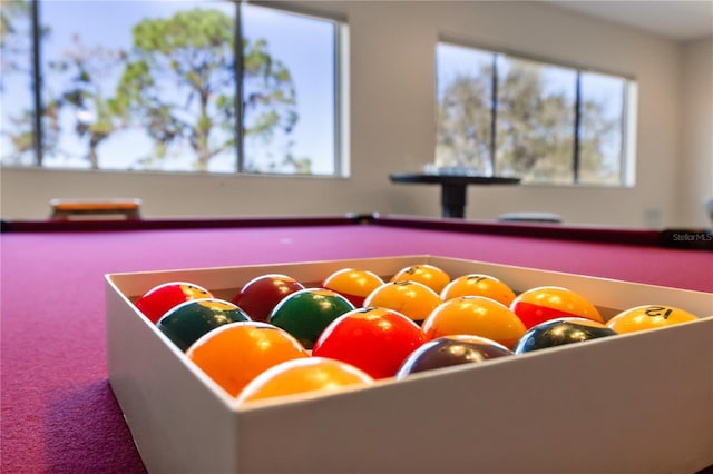 rec room featuring carpet and billiards