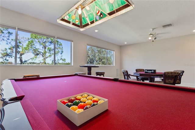 playroom with ceiling fan and billiards