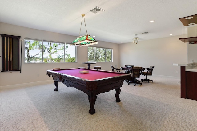 rec room with ceiling fan, light carpet, and pool table