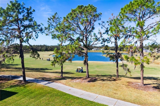 view of property's community with a yard and a water view