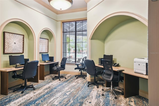 home office with ornamental molding