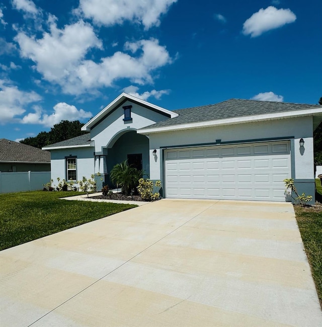 single story home with a garage and a front lawn