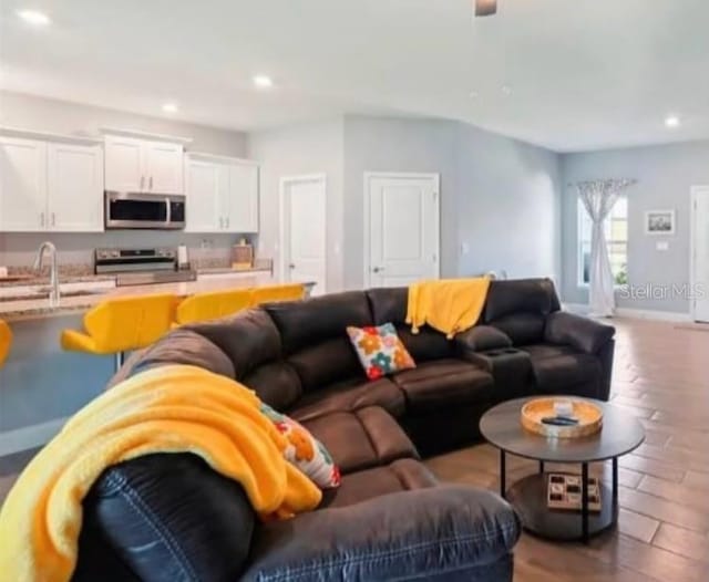 living room with hardwood / wood-style flooring, ceiling fan, and sink