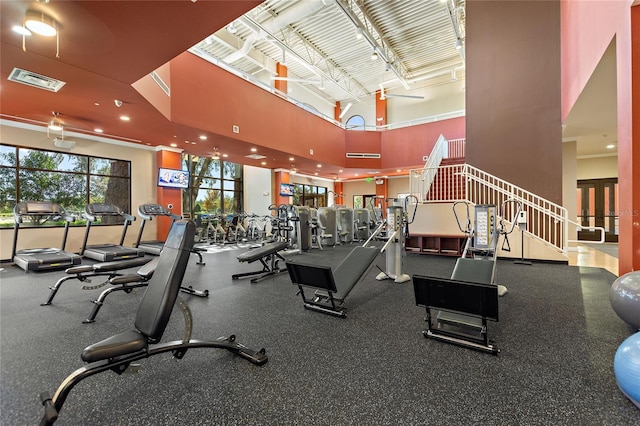 exercise room featuring a towering ceiling